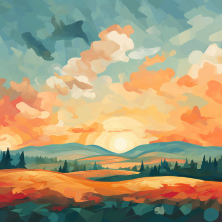 a vibrant sunrise colored background, reminiscent of fauvist landscapes, showcases patrick brown's post-impressionist coloration. this graphic illustration captures the essence of a pastoral landscape with its earthy palette and beautifully painted illustrations. ai generatedの素材