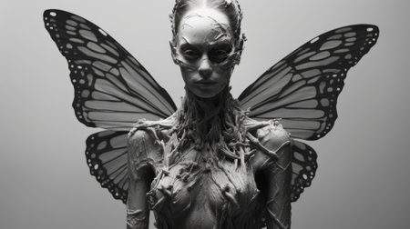 a three-dimensional body created by jamie kepfer, this fantasy-inspired artwork showcases a polished metamorphosis. with intricate details resembling insects, these black and white portraits bring dark fairy tales to life. experience the mesmerizing beauty of this uhd image on sketchfab. ai generatedの素材