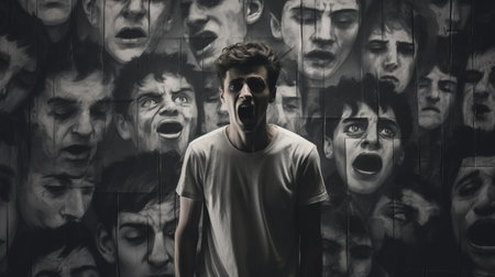 a mental illness poster featuring surreal theatrics showcases portraits of young male faces. the photo, captured with a nikon d750 by lewis morley, exhibits hyperrealistic murals and strong facial expressions. the detailed crowd scenes add depth to the composition, while the concept of "goblin academia" adds an intriguing twist to the overall image. ai generatedの素材