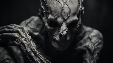 a dark and mysterious halloween-themed wallpaper featuring a psychedelic skeleton. this artwork, created in the style of zbrush by jean-baptiste monge, showcases chilling creatures in a close-up shot. the haunting atmosphere is captured beautifully with the use of the topcor 58mm f14 lens by peter coulson. tony orrico's artistic touch adds an extra layer of intrigue to this captivating image. ai generatedの素材