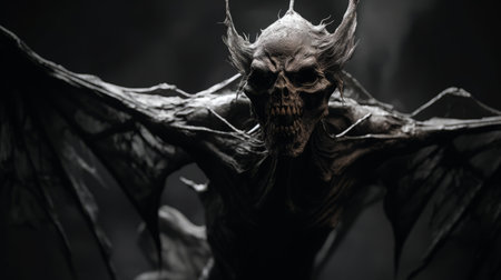 a large ogre, rendered in unreal engine, is depicted in this gothic-inspired desktop wallpaper. the image showcases dark and moody tones, with a shallow depth of field adding to the atmospheric feel. the ogre's skeletal structure is made of wire, creating rough clusters. the color palette predominantly consists of dark whites and dark blacks, enhancing the eerie ambiance. ai generatedの素材