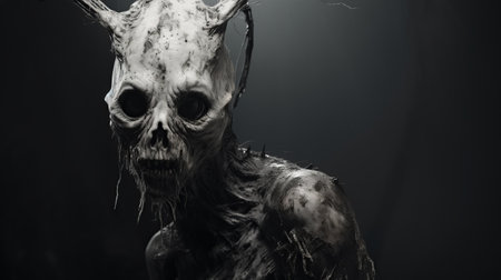 a creepy skull, rendered in the style of unreal engine, gazes hauntingly against a dark background. this otherworldly creature, made of trash, dons a detailed costume, embodying the essence of supernatural beings. with its twisted features and eerie presence, this concept art showcases the realm of twisted characters and supernatural creatures. ai generatedの素材