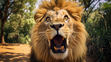 a close-up photo of a lion captured by caras ionut in 8k resolution. the lion is looking up at the cameras with energetic and lively facial expressions, creating an exuberant atmosphere. this stunning image, rendered in unreal engine, showcases the majestic beauty of the lion in a national geographic style. ai generatedの素材