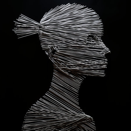 the photo showcases a unique figure created using three large pieces of string. the style of the figure resembles expressive facial animation, x-ray film, and object portraiture. it is made of liquid metal, with a dark white and black color scheme. the technique of focus stacking is used to capture the intricate details, while repetition and accumulation add depth to the composition. ai generatedの素材