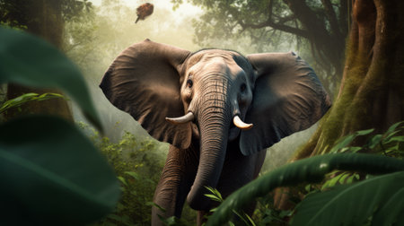 an elephant gracefully traverses the lush jungle, its trunk gently holding an object. this captivating photograph showcases photorealistic portraiture, with dreamlike illustrations and a stunning 8k resolution. the artwork beautifully captures the power and symbolism of the majestic creature, presenting a realistic portrayal reminiscent of xbox 360 graphics. ai generatedの素材