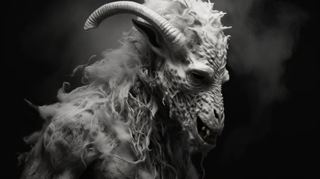 a white goat face with a smoky background is depicted in this image. the artwork is created in the style of zbrush, showcasing intricate costumes and a manticore theme. the monochrome color scheme adds depth and detail to the composition, while the use of miniature dioramas and layered fibers creates an eerie atmosphere. ai generatedの素材