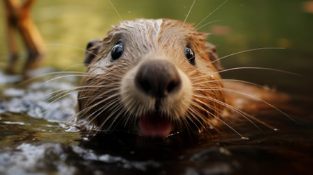 a cute animal with distinctive noses splashing around in the water. this national geographic photo captures the lively facial expressions of the light brown and navy creature. the image, reminiscent of werner herzog's style, showcases the beauty of nature. jan berenstain and serge marshennikov would appreciate the charm and playfulness of this adorable animal. ai generatedの素材