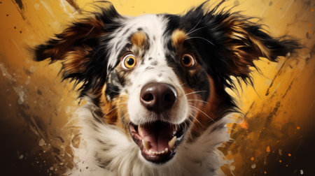 a dog with an open mouth is depicted in a painting, showcasing the vibrant style of xbox 360 graphics. the artwork features fluid dynamic brushwork, with a color palette dominated by yellow and brown tones. the soft-focus portraits create a gentle and dreamy atmosphere, while dotted elements and zbrush techniques add depth and texture. the lively illustrations bring the dog to life in this captivatingの素材