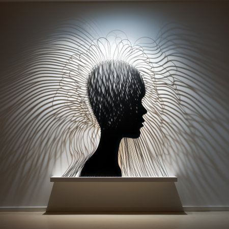 a shadow image of a female human head, inspired by nature and displayed in a futuristic chromatic wave style. this installation resembles museum gallery dioramas, with sunrays illuminating the piece. the design exudes a sense of zen minimalism, featuring highly detailed elements in light white and dark bronze tones. ai generatedの素材