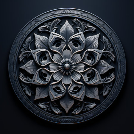 a dark metal round plate featuring a highly detailed, realistic flower in the center. the plate showcases illusionary architectural elements and is crafted in the style of a wood sculptor. against a black background, the plate is adorned with light gray and dark blue hues, showcasing masterful shading. the image is achieved through focus stacking techniques. ai generatedの素材