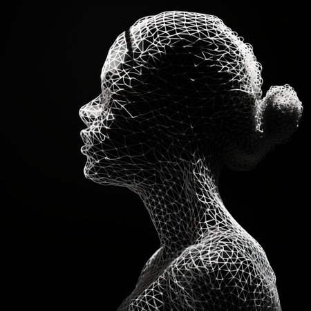 a woman is depicted in this 3d rendering, utilizing a 3d mesh stock. the image showcases a high contrast black and white style, evoking a sense of pensive stillness. the artwork exhibits algorithmic artistry and is reminiscent of backlit photography. the woman's figure, made entirely of wire, pays homage to traditional african art. this creative commons attribution piece is a captivating blend of modern andの素材