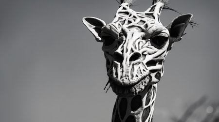 a black and white photo of a giraffe with its head in a close-up shot. the image is rendered in the style of cinema4d, showcasing explosive pigmentation. the desertpunk atmosphere adds an eerie and realistic touch to the scene, resembling human sculptures. this captivating photo captures the essence of nature and wildlife, reminiscent of a national geographic shot. ai generatedの素材