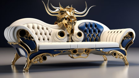 a custom gold and blue couch, designed by the artist, features intricate details inspired by mythological realism and fantasy art. the couch sits on white casters, adding a touch of practicality to its artistic design. the dark white and dark blue color scheme, along with the symbolic use of animals, creates a visually captivating piece. created using zbrush, the couch showcases stunning 8k resolution. aiの素材