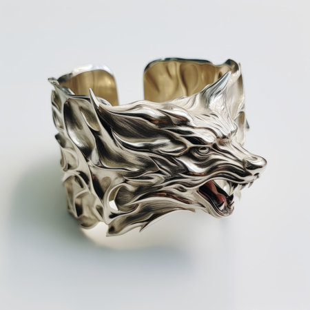 the silver fist of fire ring showcases a hyperrealistic animal portrait style, featuring layered and complex compositions. the artwork is characterized by fluid dynamic brushwork, with a captivating play of light in gold and red hues. inspired by angura kei, the ring exhibits a cutripped design, while the water element is rendered in a hyper-realistic manner. ai generatedの素材