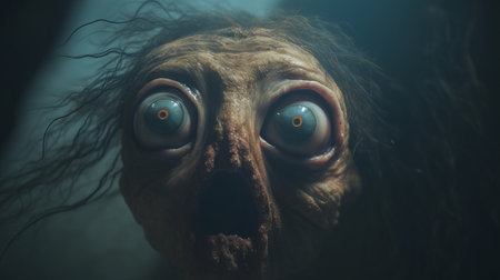 a dark shadowy face with two eyes, captured in a close-up shot, showcases unique yokai illustrations in the style of canon ts-e 17mm f4l tilt-shift lens. the dark aquamarine and beige tones add an intriguing atmosphere to the image. this artwork humorously depicts trapped emotions and features ray tracing techniques. ai generatedの素材