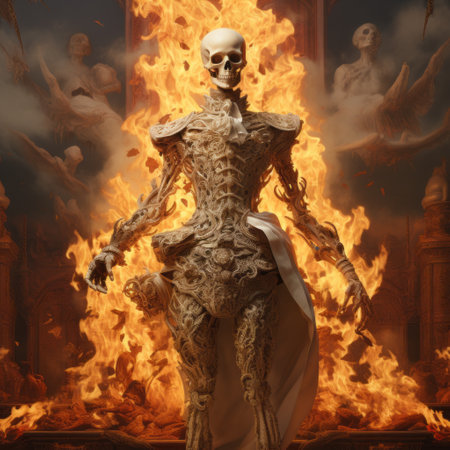 a burning skeleton scene in the ruins of the dribble video game, featuring a baroque portraiture style. the image showcases realistic and hyper-detailed renderings, sculptural costumes, and detailed character illustrations. the scene is characterized by luxurious textures and a captivating play of light and gold accents. ai generatedの素材