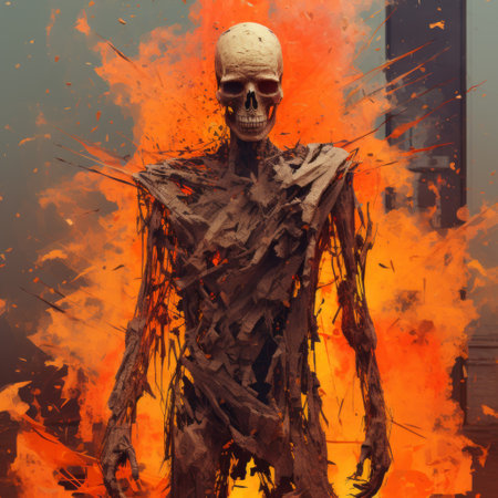 a skull engulfed in fiery flames, portrayed with realistic details and textures, emerges from a dusty pile. this conceptual street art piece combines elements of full-body human form renderings with expressive yet flat 2d game art style. ai generatedの素材