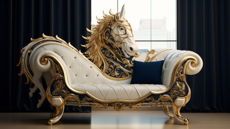 the elegant unicorn chair is a stunning piece of furniture designed in a futuristic victorian style. with its dark navy and light gold color scheme, it adds a touch of luxury to any interior. this hyper-detailed rendering showcases the chair's intricate design, making it a beautiful addition to elegant and beautiful interiors. ai generatedの素材