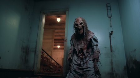 the haunted mansion, captured through the lens of the zeiss milvus 25mm f/1.4 ze, showcases a gritty urban scene. this unforgettable hotel, brought to life using unreal engine, is a perfect blend of horror and beauty. emil melmoth and alex petruk ape's zombiecore aesthetic is evident in this movie still, creating a haunting atmosphere that will stay with you. ai generatedの素材