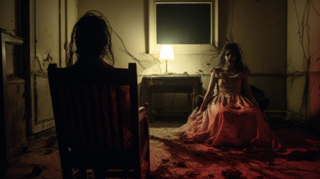 a zombie horror film captured by adam nafziger, featuring an impressionistic use of light. this photo, taken with a nikon d750, showcases an antebellum gothic aesthetic with a color palette of light red and bronze. it is a tabletop photography piece that incorporates feminine imagery, creating a captivating and eerie atmosphere. the image is available in 32k uhd resolution. ai generatedの素材