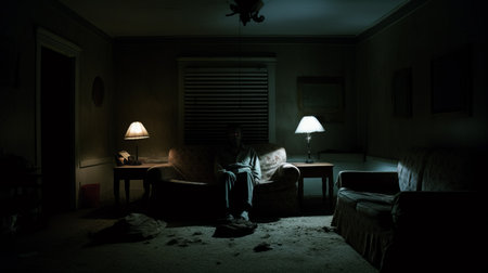 a person sits on a couch in a dark room, captured in the style of suburban ennui by national geographic. the disintegrated, dusty piles add to the realistic depiction of light in this new american documentary photography. the dark green hues create a moody atmosphere. ai generatedの素材