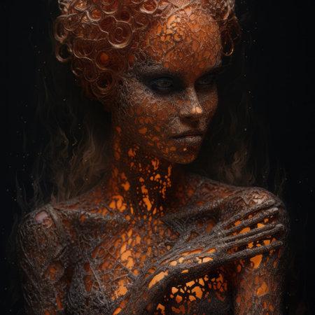 the photo showcases a detailed atmospheric portrait by artist john taylor dj drkd. the artwork is characterized by dark amber and black tones, sculpted impressionism, and a touch of fantasy illustration. the artist skillfully presents the human form in a burned and charred style, reminiscent of pointillist techniques. ai generatedの素材