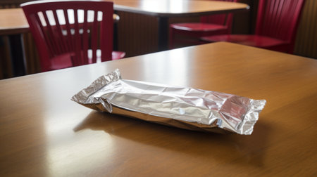 burger foil, in the style of contemplative atmosphere, showcases a red and gray color scheme. the long and deep distance creates a sense of space, while the use of ilford pan f film adds a unique touch. the foil is wrapped, leaving empty space for imagination, resulting in lively tableaus. ai generatedの素材
