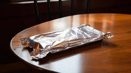 a photo of tin foil wrapped around a wooden table, capturing the sleek and streamlined forms. the image is reminiscent of the ferrania p30 style, taken with a nikon d750 camera using provia film. the composition showcases the soggy texture of the foil, and the high resolution of 32k uhd enhances the details. ai generatedの素材