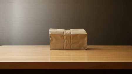a white paper bag is placed on a table in this stock photo. the image is captured in the style of fujifilm pro 400h, resembling ssaku hanga with a dark beige tone. the photo is taken using a nikon d750 camera, featuring volumetric lighting and a mote kei aesthetic. ai generatedの素材