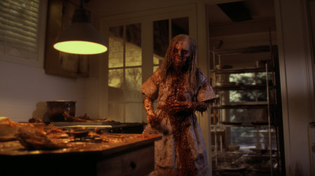 a haunting image of a decaying figure standing in a kitchen, illuminated by mesmerizing glimmering light effects. this surreal composition draws inspiration from the artistic styles of chris cunningham, bronzepunk, wovenperforated, 8k resolution, francine van hove, and greg hildebrandt. ai generatedの素材