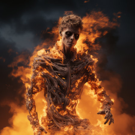 a person stands on a fire, showcasing disfigured forms in a macabre style. this realistic and hyper-detailed rendering was created using cinema4d and zbrush. the photo, captured in 32k uhd, evokes a sense of intensity and intrigue. a captivating image that could easily grace the pages of national geographic. ai generatedの素材