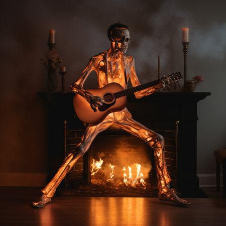 skeleton playing guitar in front of a fireplace, captured in a celebrity photography style. the composition features a light bronze and gold color palette, reminiscent of roxy paine's artwork. the image showcases dramatic lighting effects and exaggerated poses, reminiscent of justin currie and stevan dohanos' works. ai generatedの素材