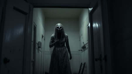 a woman wearing a dress walks down a hallway, showcasing an otherworldly grotesque style. the photo features a color palette of white and gray, with a low depth of field that highlights the detailed costumes. the overall aesthetic is darkly comedic, with elements of yankeecore and heavy lines adding to the visual impact. ai generatedの素材