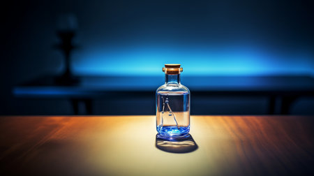 glass bottle on table in dark room, featuring light azure color and alchemical symbolism. the scene is captured with a zeiss ikon zm camera, showcasing enigmatic characters reminiscent of hiroshige's art. the composition is light-focused and science-based, creating an intriguing and mysterious atmosphere. ai generatedの素材