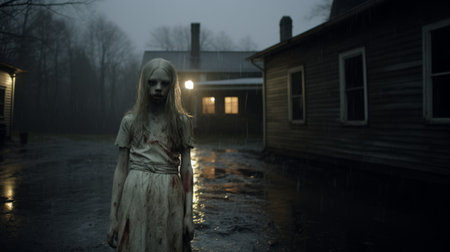 a girl in a white dress and body stands near a village of people walking in the rain. this eerie photo captures the essence of horror and cabincore, reminiscent of the styles of bill gekas and kelly sue deconnick. with a found footage aesthetic and lifelike representation, this photo, taken with provia film, evokes a sense of mystery and intrigue. ai generatedの素材