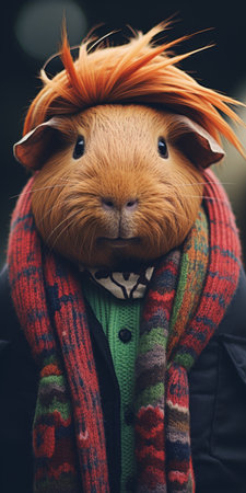 a guinea pig, dressed in a scarf and hat, showcases a lo-fi aesthetic in this photograph. the dark crimson and green colors add depth to the portrait, capturing the intricate details of the costume. the dark orange and dark blue hues complement the street fashion vibe. candidly captured, this image exudes a sense of creativity and showcases the detailed costumes worn by famous figures. aiの素材
