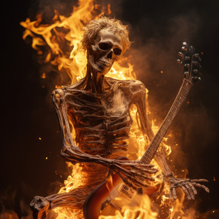 the rocker skeleton, with an electric guitar, passionately plays amidst fiery flames. this image showcases the artistic style of vray tracing, capturing the human form with realistic renderings. inspired by the works of sacha goldberger and dorothea tanning, this uhd image portrays intense emotional expression and blink-and-you-miss-it detail. ai generatedの素材