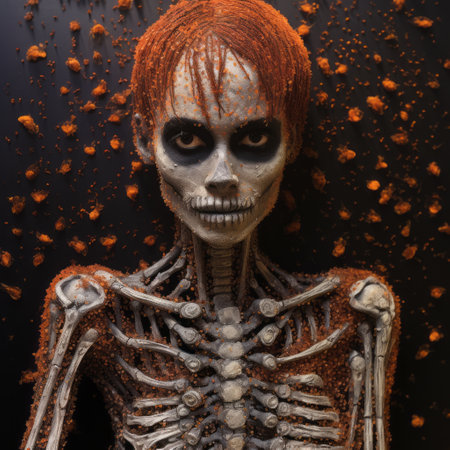 the halloween skeleton, a photorealistic surrealism artwork, is filled with vibrant orange dust. crafted meticulously with beads and yarn, it showcases realistic depictions of the human form with hyper-detail. the tightly cropped composition adds intensity to this national geographic-style photo, while the hellish background adds an eerie atmosphere. ai generatedの素材