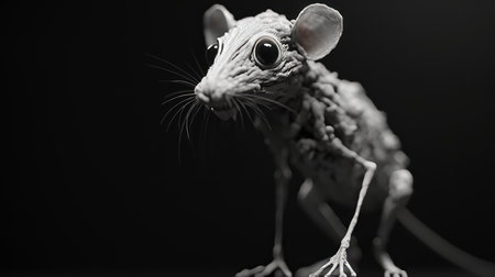 the 3d-rendered mouse is captured in a dramatic black and white portrait style, showcasing its ethereal and raw texture. this 8k 3d creation exhibits tangled forms and a primitive sophistication, captured using the sony alpha a7 iii camera. ai generatedの素材
