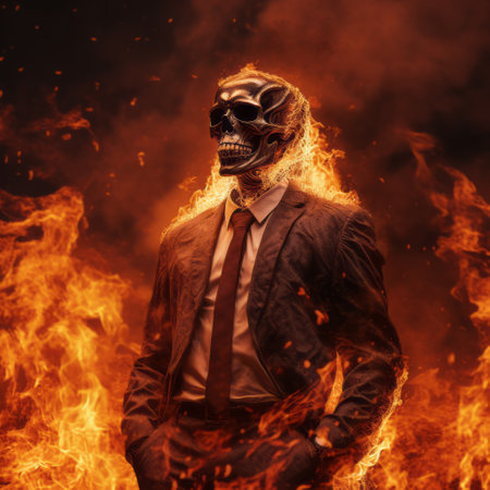 a man in a suit stands in front of blazing flames, his head engulfed in fire. this daz3d-style image combines elements of skeletal, realistic figurative paintings, creating a nightmarish scene. the man's fiery head and the intense flames create a striking contrast against the dark background. this unique artwork merges elements of leatherhide, social media portraiture, and pop-culture-infused aesthetics. ai generatedの素材
