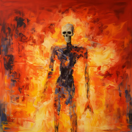 a large canvas oil painting depicting a skeleton against a backdrop of fiery flames. this expressive figurative artwork showcases the artist's mastery of the heavy impasto technique. the red and amber hues intensify the emotional impact, while the nuclear art theme adds a unique touch to the composition. ai generatedの素材