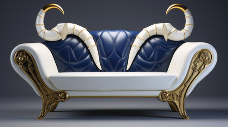 the horned chair is a luxurious 3d model featuring a light gold and dark azure color scheme. inspired by egyptian iconography, this zbrush creation showcases intricate details and a saturated color scheme. perfect for opulent interiors, the combination of dark azure and white adds a touch of elegance to any space. created by aries moross. ai generatedの素材