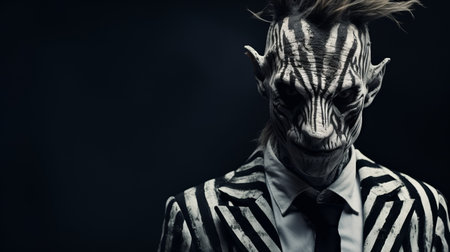 a man in black and white with zebras on his face, showcasing a necropunk-inspired style. the image is in uhd resolution, capturing contrasting lights and darks. the man's stylish costume design adds to the overall aesthetic, while the minimal retouching enhances the rawness of the photo. this unique composition merges elements of frogcore and imitated material. ai generatedの素材