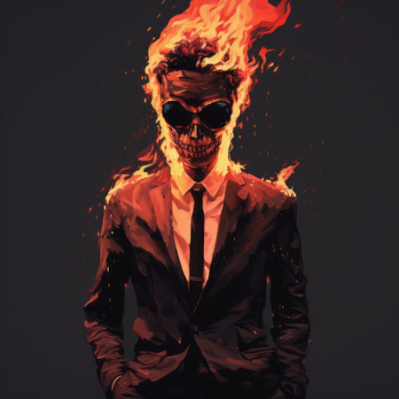 a man in a suit engulfed in flames, depicted in a macabre illustration style. this high-resolution image showcases iconic pop culture caricatures, with a skeletal appearance and hyper-detailed features. the artwork is a unique mashup of styles, combining subtle chiaroscuro techniques to create a visually striking composition. ai generatedの素材
