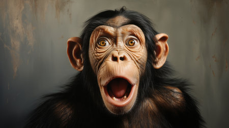a surprised chimp is depicted in this photo, showcasing energetic expressions and hyper-detail achieved through the zbrush style. the use of softbox lighting enhances the realistic and lifelike quality of the image. created with traditional oil-painting techniques, this photo captures the precisionist approach. this image is available under the creative commons attribution license. ai generatedの素材