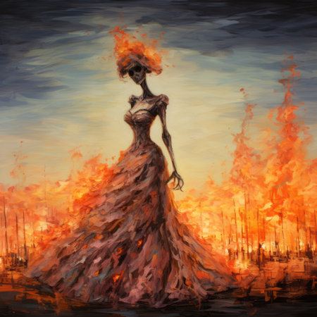 a black girl wearing a white dress stands amidst a fiery street in this speedpainting-style photograph. the image showcases a fusion of dark orange and dark gray tones, with a feminine surrealist touch. the heavily textured composition exudes an air of feminine affluence, highlighted by the vibrant crimson accents. this captivating artwork is truly a testament to its breathtaking beauty. ai generatedの素材