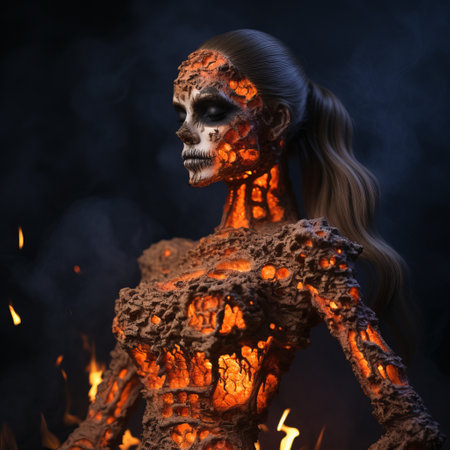the girl in flames is a captivating digital artwork rendered in cinema4d. this unique piece combines elements of skeletal sculptures and a gritty, filthy aesthetic. with a touch of national geographic photography, it exudes a hauntingly beautiful vibe, perfect for halloween. the high resolution of 8k enhances the pixelated realism, making it a visually stunning masterpiece. ai generatedの素材