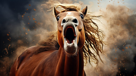 a horse screaming from the sky in a humorous animal scene. the image features a smokey background, with a social media portraiture style. captured with a nikon af600, the hyperrealistic wildlife portrait showcases vibrant crimson and bronze tones. this captivating photo can be found on flickr. ai generatedの素材