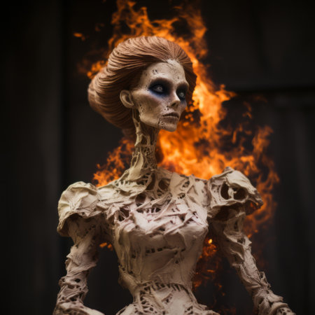 the skeleton, captured with the tokina opera 50mm f14 ff lens, showcases an open heart surrounded by flames. this artwork by kathrin longhurst features intricate paper sculptures with a keen focus on costume and fashion. the high-resolution 32k uhd image, created by miss aniela, beautifully captures the unique vision of nacho carbonell. ai generatedの素材
