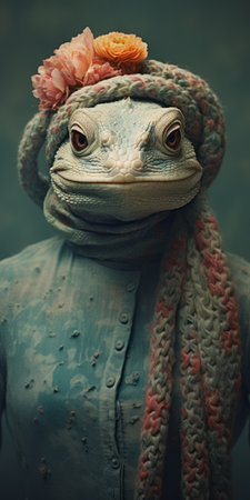 an amphibian wearing a scarf and headdress is depicted in this painting, inspired by the artistic styles of michal karcz, sacha goldberger, beeple, gray and cyan. the detailed costumes and textured compositions add depth to the artwork, which was captured on 70mm film. ai generatedの素材